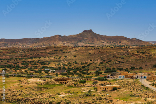 Tunisian landscape. View of the mountain range near Medenine in Tunisia. View taken from the heights of Ksar El Hallouf, former collective granary. 