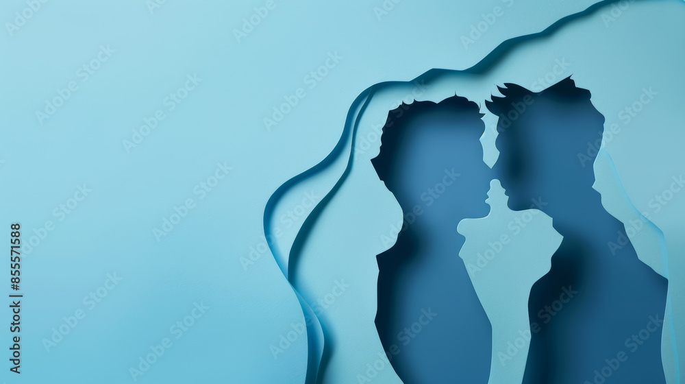 Cut-out paper background of a gay man couple kissing on wedding day on blue background with copy space