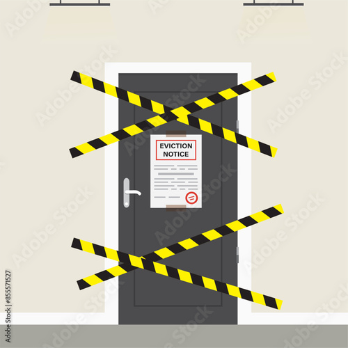 Eviction notice for owner, white paper sheet on door. Stop sign at the entrance. Open door prohibited. Do not open the door, warning tapes. Hall interior.