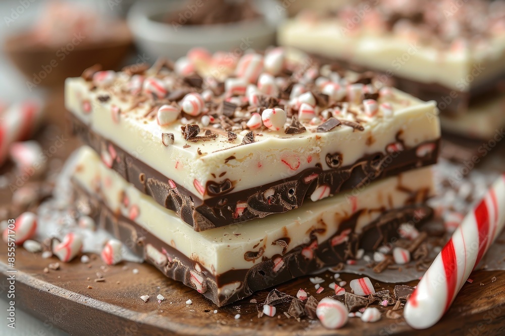 A close-up of a peppermint bark with layers of dark and white chocolate topped with crushed candy canes
