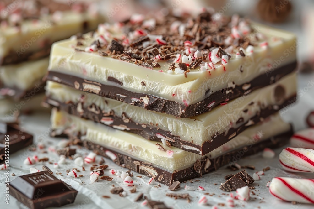 A close-up of a peppermint bark with layers of dark and white chocolate topped with crushed candy canes A close-up of a peppermint bark with layers of dark and white chocolate topped with crushed candy canes