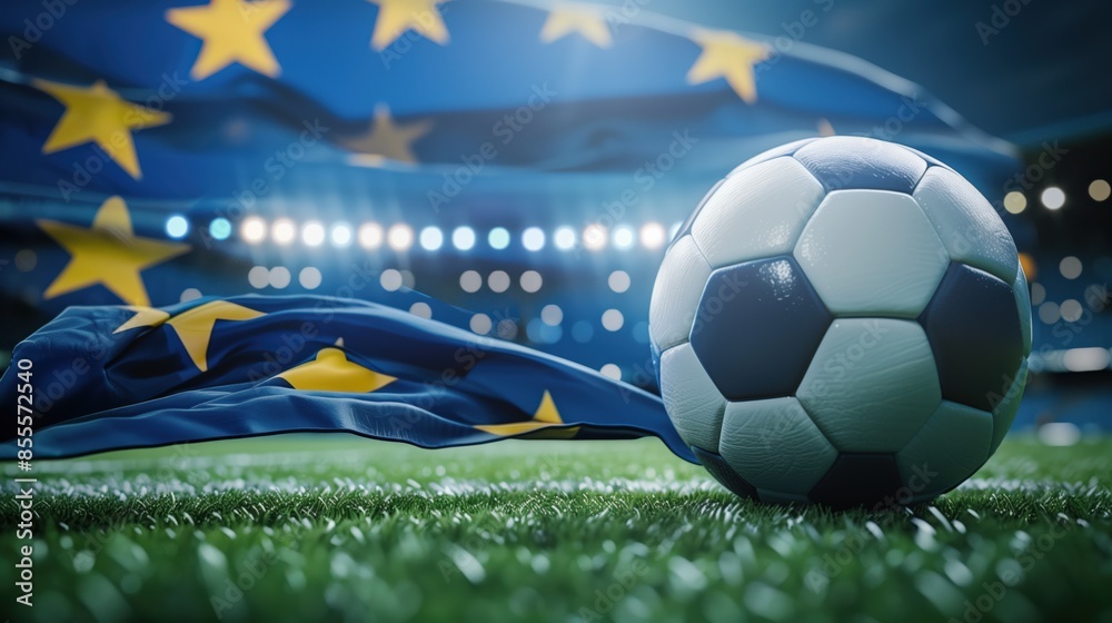 Naklejka premium Soccer Football Ball, European flag Celebration - EM European Championship 2024 sport win, triumph, winner celebration concept background illustration with copyspace