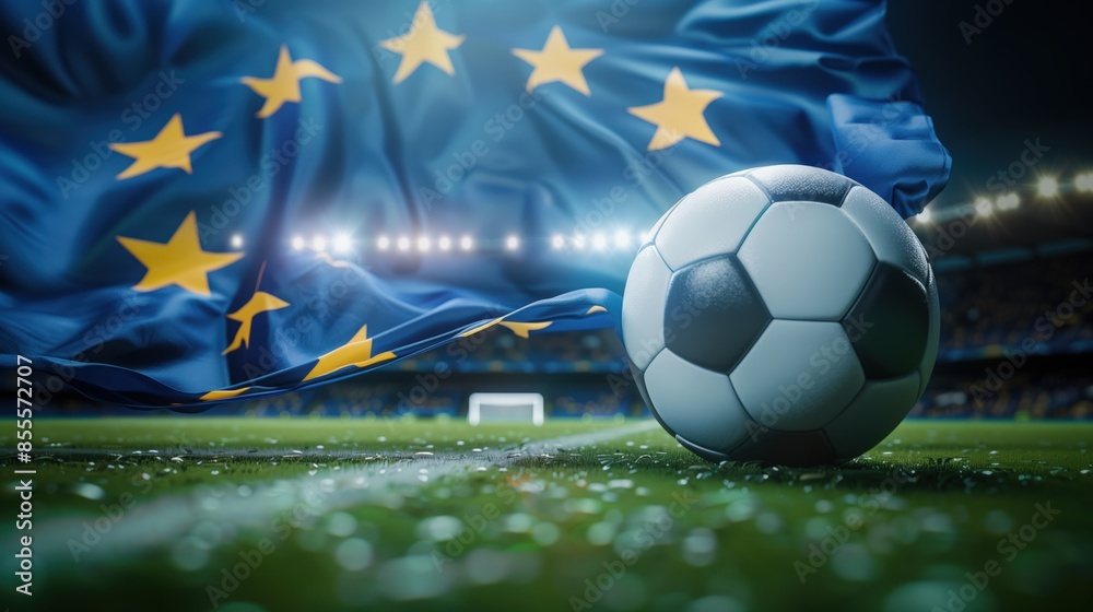Fototapeta premium Soccer Football Ball, European flag Celebration - EM European Championship 2024 sport win, triumph, winner celebration concept background illustration with copyspace