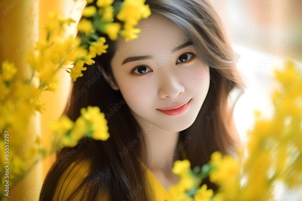 Bright yellow flowers background Portrait of smiling beautiful woman smooth clean face glowing skin youth skin care ad concept from Generative AI. Bright yellow flowers background Portrait of smiling beautiful woman smooth clean face glowing skin youth skin care ad concept from Generative AI.