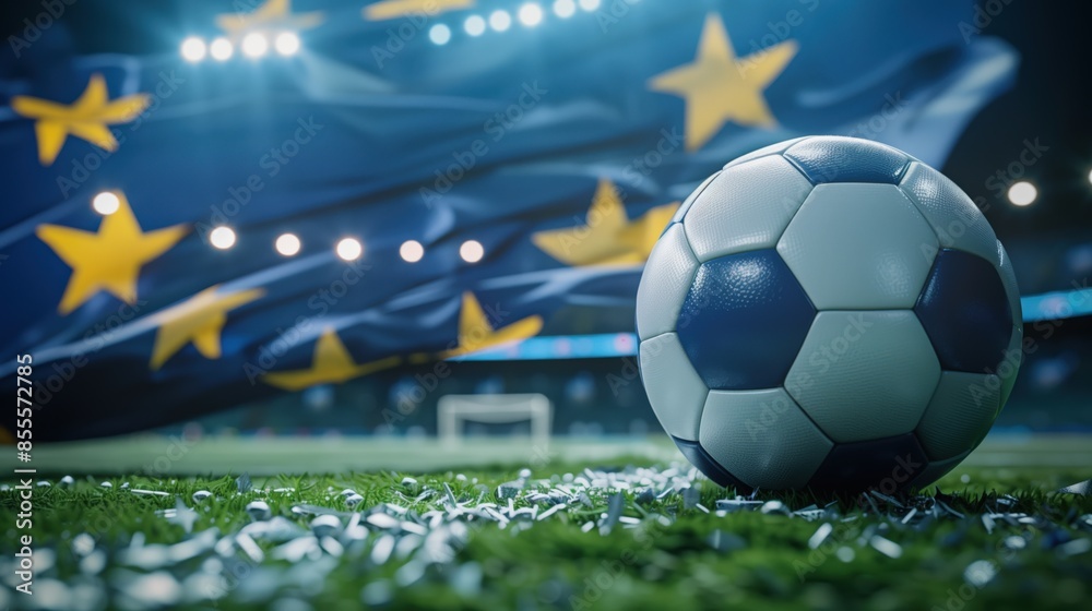 Fototapeta premium Soccer Football Ball, European flag Celebration - EM European Championship 2024 sport win, triumph, winner celebration concept background illustration with copyspace