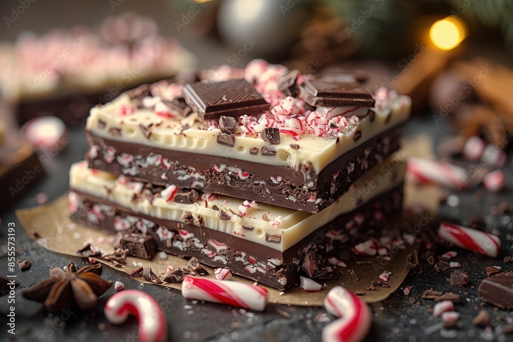 A close-up of a peppermint bark with layers of dark and white chocolate topped with crushed candy canes A close-up of a peppermint bark with layers of dark and white chocolate topped with crushed candy canes