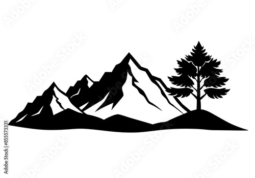 mountain vector range with tree silhouette illustration.