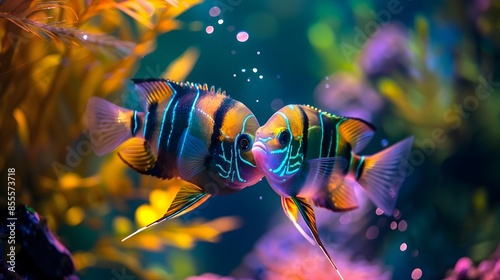 Captivating Siamese Tigerfish Interacting in Mystical Aquarium Setting