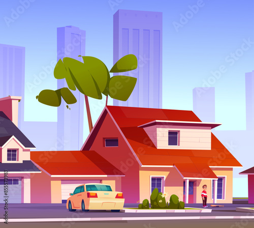 Neighborhood street and city house cartoon vector. Village home exterior with urban landscape and sidewalk. Traditional residence villa on asphalt driveway with garage in summer panorama design