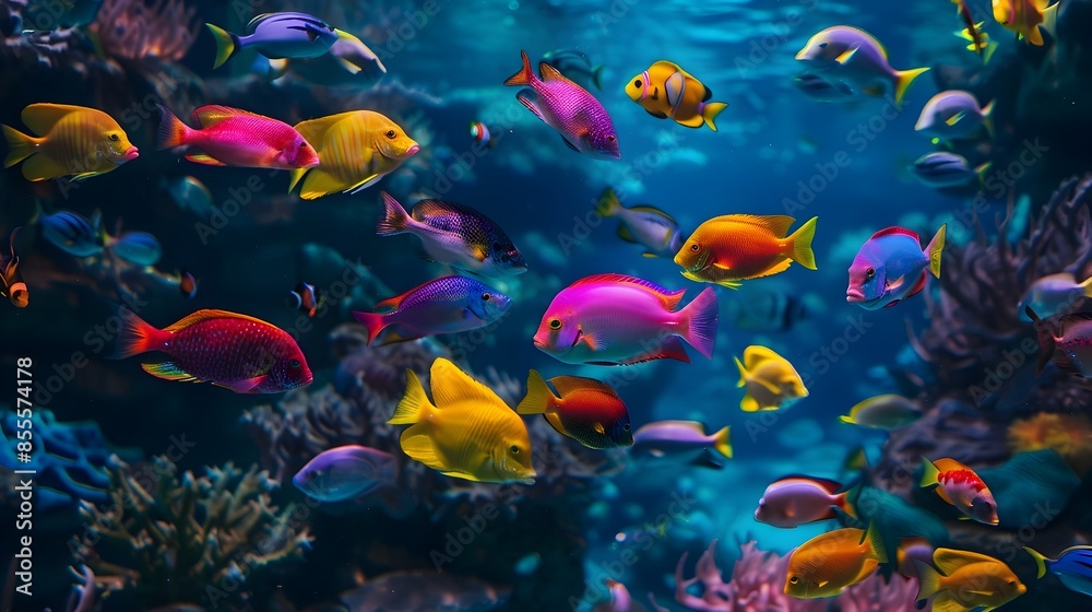 Diverse and Vibrant Glowing Fish Species in Reef Tank at Dubai Aquarium Diverse and Vibrant Glowing Fish Species in Reef Tank at Dubai Aquarium