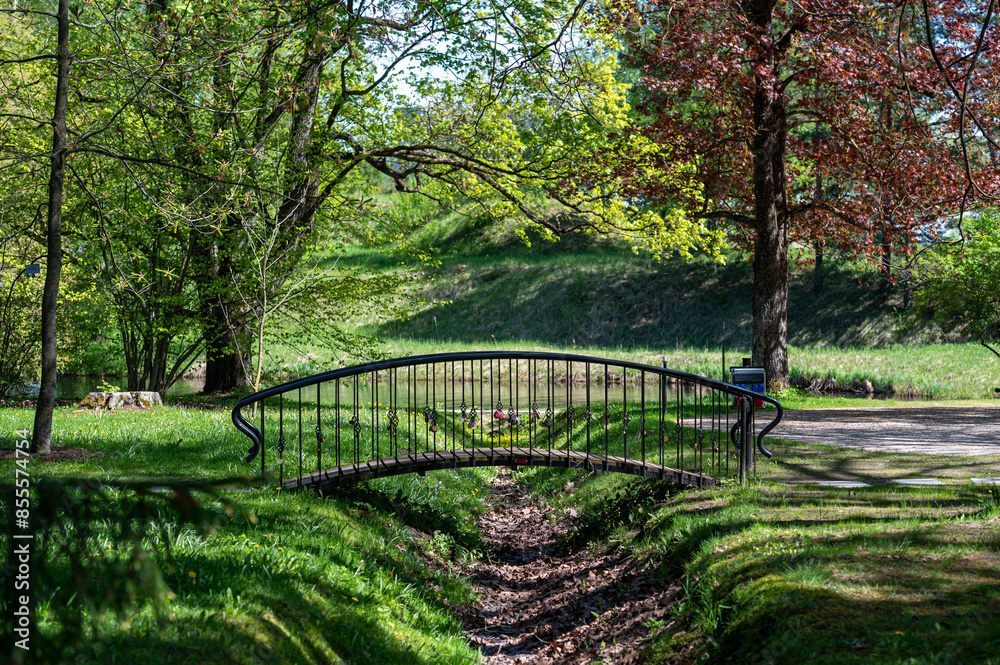Tranquil Morning View of a Small Iron Bridge Over a Creek in a Green Park Tranquil Morning View of a Small Iron Bridge Over a Creek in a Green Park