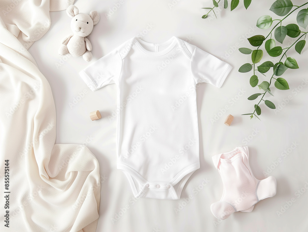 Infant onesie mockup featuring a white cotton bodysuit and natural wooden toy on a white blanket. Gender-neutral newborn bodysuit template. Top view. Infant onesie mockup featuring a white cotton bodysuit and natural wooden toy on a white blanket. Gender-neutral newborn bodysuit template. Top view.