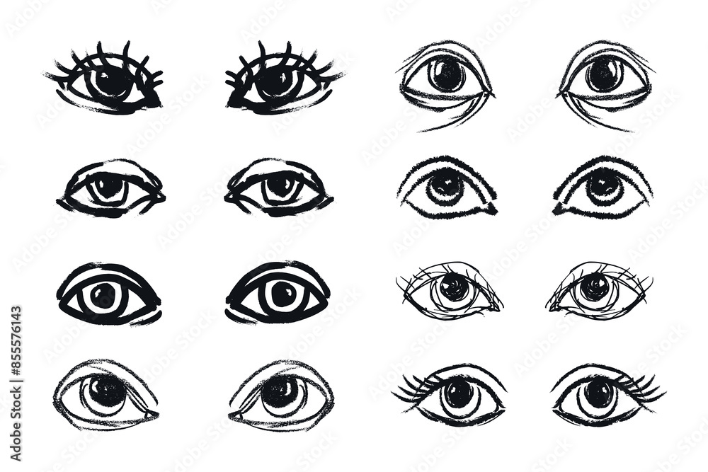 Grunge brush stroke eyes set. Ink grunge ophthalmologist symbols drawn with markers and crayons set Grunge brush stroke eyes set. Ink grunge ophthalmologist symbols drawn with markers and crayons set