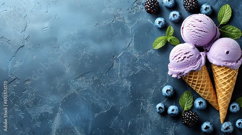   Three scoops of ice cream with blueberries and raspberries on a dark blue background with mint leaves photo