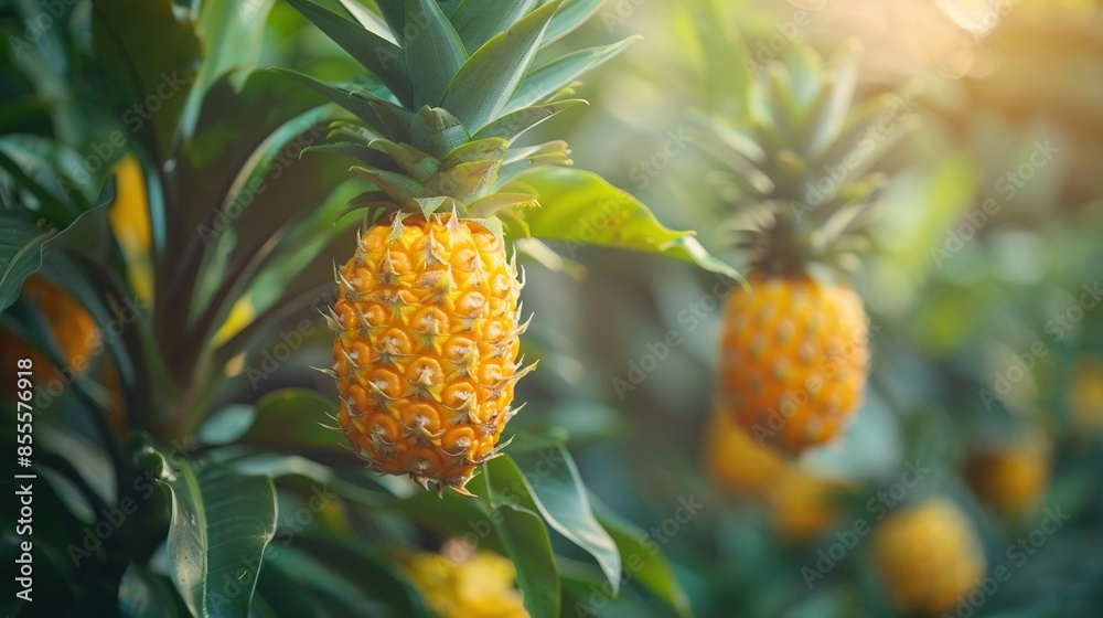 A close-up of a pineapple tree, laden with fruit on its branches, bathed in sunlight A close-up of a pineapple tree, laden with fruit on its branches, bathed in sunlight
