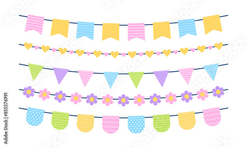Set of cute colorful pastel garlands bunting flag for greeting card invitation birthday party flat illustration
