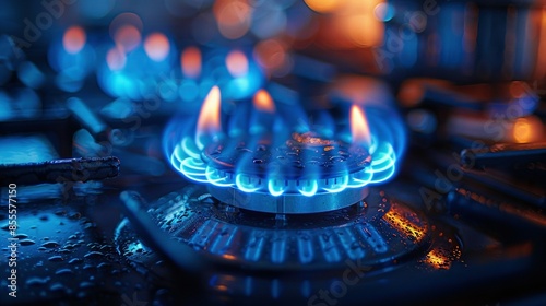  Close-up of a gas stove burner with blue flames and water droplets on the burner's surface