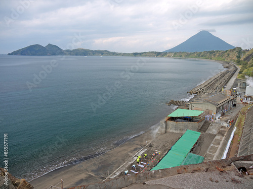 Ibusuki coast with black sand beach, Kaimondake volcano and famous unique hot sand bath onsen, Kagoshima photo