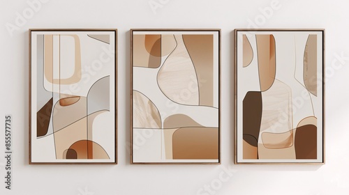 A set of three abstract art posters with minimalistic designs, positioned side by side on a white wall. Each poster features abstract forms in neutral colors, with a focus on negative space and clean