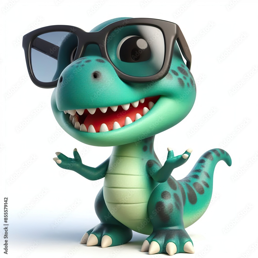3D cartoon of a Happy Dinosaur wearing sunglasses, full body isolated white background 3D cartoon of a Happy Dinosaur wearing sunglasses, full body isolated white background