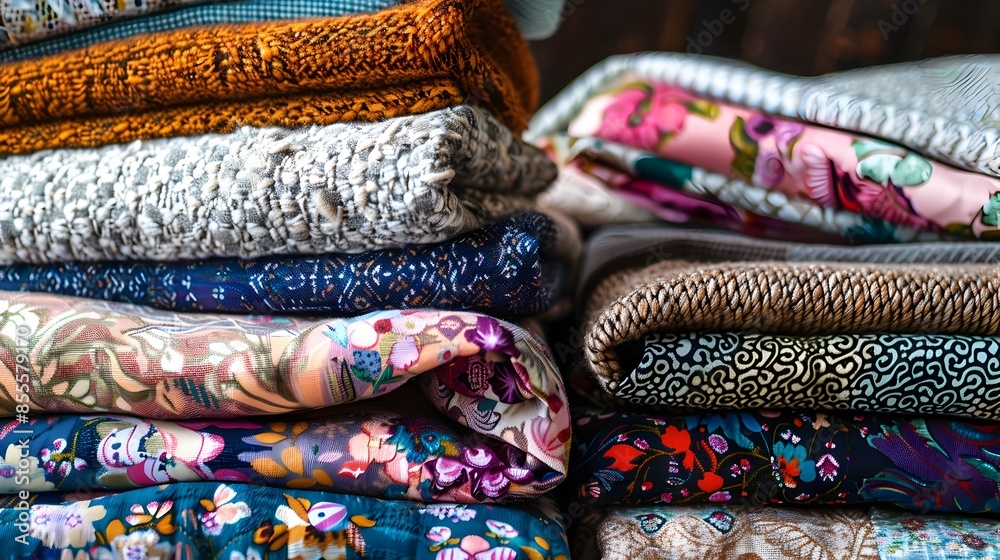 Vibrant Textile Arrangements Showcasing Diverse Fabric Patterns and Textures Vibrant Textile Arrangements Showcasing Diverse Fabric Patterns and Textures