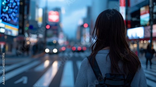 A woman stands at a crosswalk, observing the city lights and traffic of a bustling urban street at dusk.