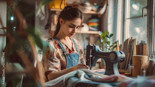 Young Woman Sewing Handmade...