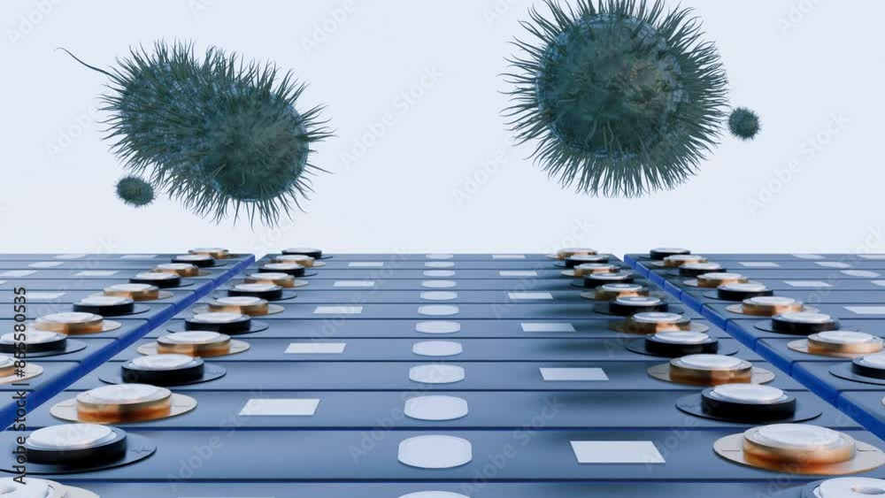 3d animation of prismatic battery, rectangular lithium ion phosphate LFP battery and bacteria as a symbol of biobattery by using bacteria to generate and store electricity.