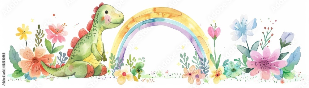 Naklejka premium Cute watercolor dinosaur with a rainbow and flowers, perfect for children's illustrations and nursery decor.