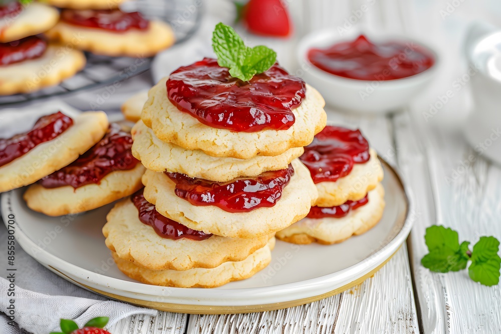 Round homemade cookies with strawberry jam on a white wooden table. Round homemade cookies with strawberry jam on a white wooden table.
