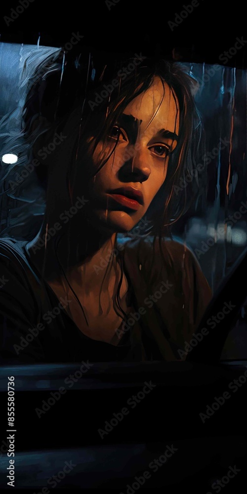 Woman sitting in a car at rainy night cinematic style close up portrait Woman sitting in a car at rainy night cinematic style close up portrait