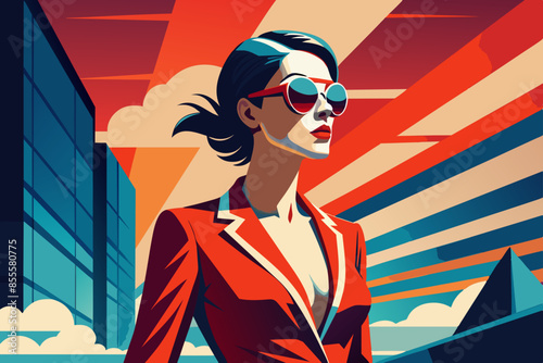 Ilustración vectorial de una mujer de negocios y lentes de sol con fondo de un edificio de oficinas