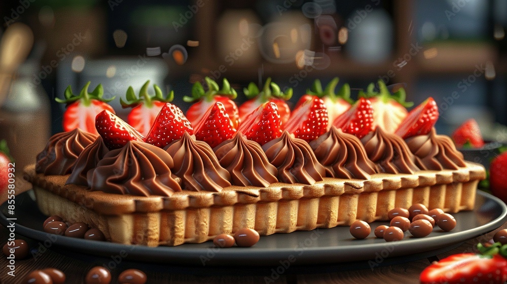 A close-up of a plate of food featuring chocolate and strawberries, displayed on a table with chocolate chips and strawberries A close-up of a plate of food featuring chocolate and strawberries, displayed on a table with chocolate chips and strawberries