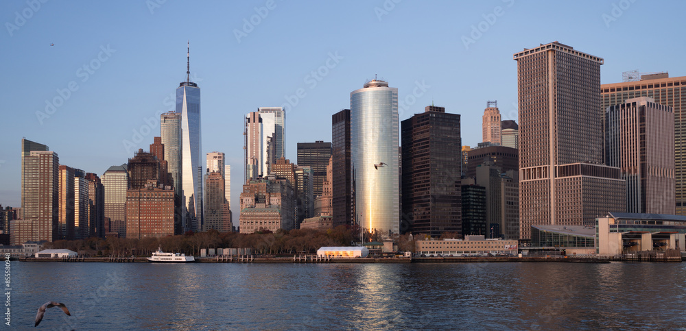 Obraz premium New York, United States. Panorama view of New York city skyline in Midtown Manhattan. USA, NYC, NY, Manhattan. American big city. Lower Manhattan skyline. New York from New Jersey.