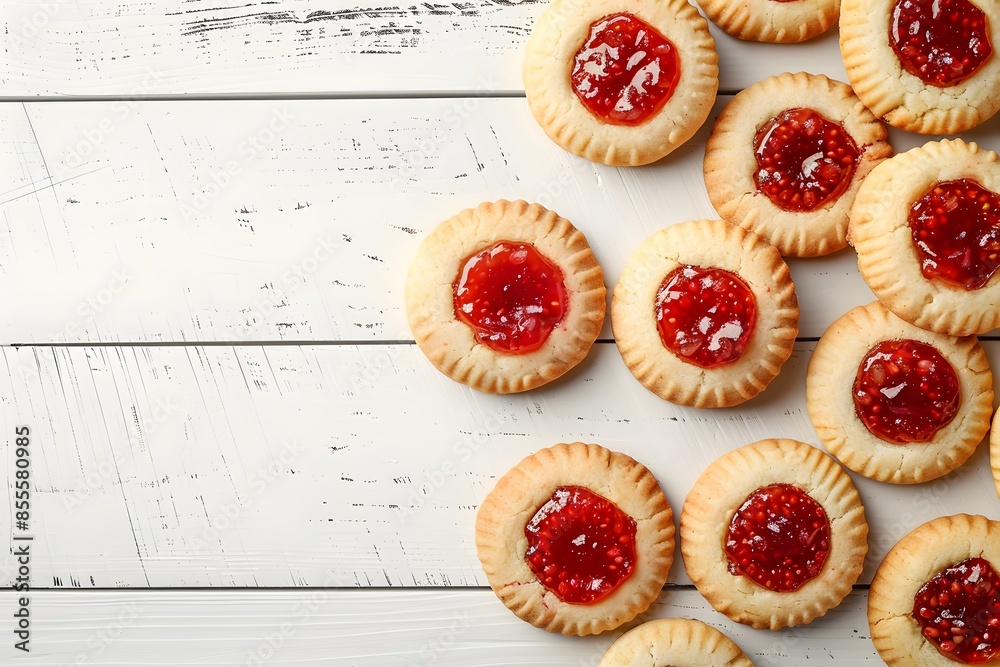 Round homemade cookies with strawberry jam on a white wooden table. Round homemade cookies with strawberry jam on a white wooden table.