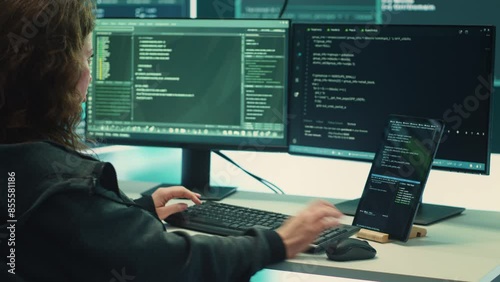Cyber intelligence team using advanced technology to secure computer networks, governmental espionage system. Emphasizing cyber security and threat detection to combat cyberterrorism. Camera A.