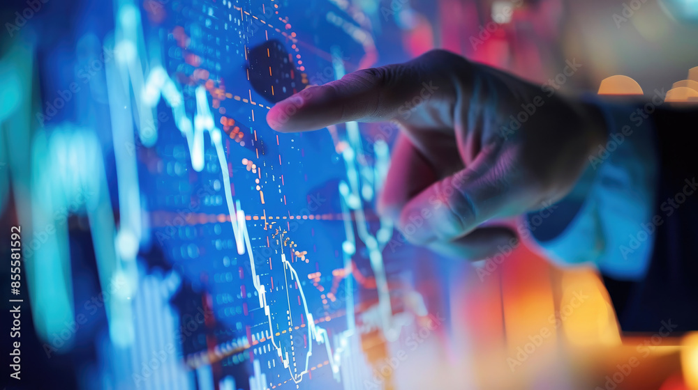 Businessman's Hand Highlighting Graph on Digital Display Businessman's Hand Highlighting Graph on Digital Display