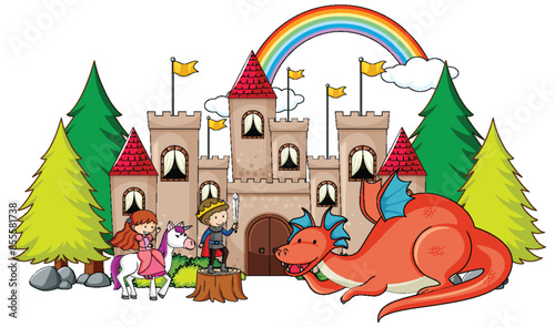 Children and dragon in a magical castle scene