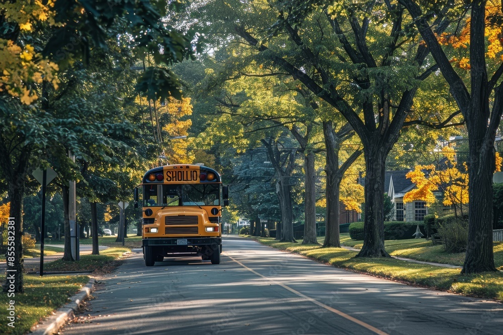 Obraz premium A school bus is seen driving down a street lined with trees, A school bus driving down a tree-lined street, picking up students