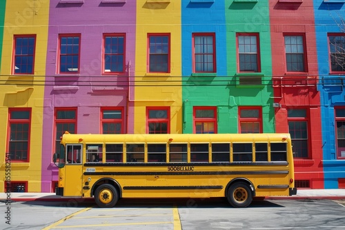 A school bus is parked in front of a vibrant multi-colored building, under a clear sky, A school bus parked outside a colorful school building