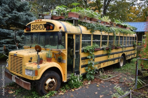 An old school bus covered in plants, transformed into a greenhouse in a state of decay, A school bus turned into a greenhouse with plants growing on the roof and sides