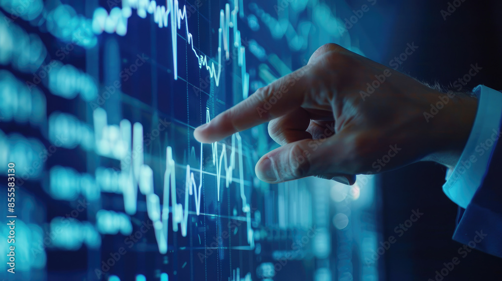 Businessman's Hand Highlighting Graph on Digital Display Businessman's Hand Highlighting Graph on Digital Display