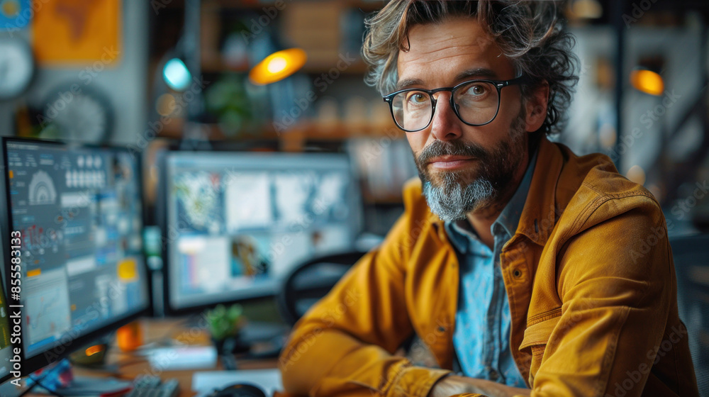 A male architect sitting in a bright, modern office, intently checking a construction plan on computer. A male architect sitting in a bright, modern office, intently checking a construction plan on computer.