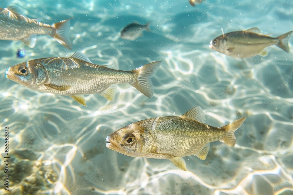A group of fish swims gracefully together in the water, shimmering as they move, A school of shimmering fish swimming gracefully in crystal-clear waters A group of fish swims gracefully together in the water, shimmering as they move, A school of shimmering fish swimming gracefully in crystal-clear waters