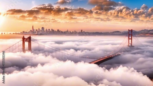 golden gate bridge at sunrise with low fog and city view photo