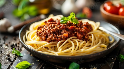 spaghetti with a bolognese meat sauce food in a table