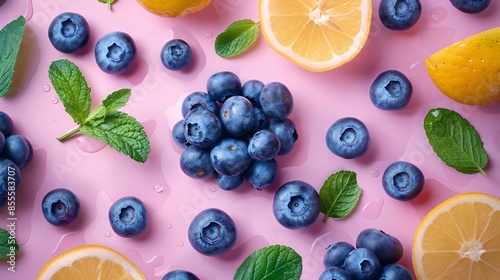 a colorful summer-themed flat lay filled with lush blueberries, emphasizing their health benefits and freshness during summertime photo