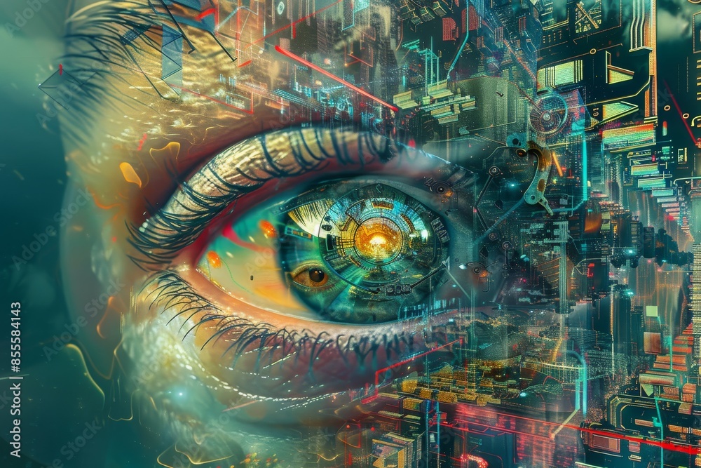 A detailed view of a persons eye with a modern city skyline in the background, A seamless integration of technology and creativity A detailed view of a persons eye with a modern city skyline in the background, A seamless integration of technology and creativity