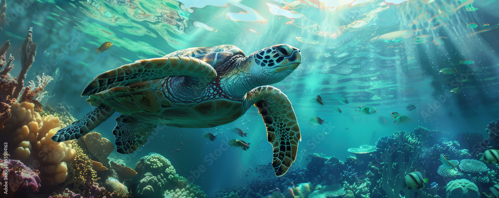 Fototapeta premium Sea Turtle swimming underwater under sea life