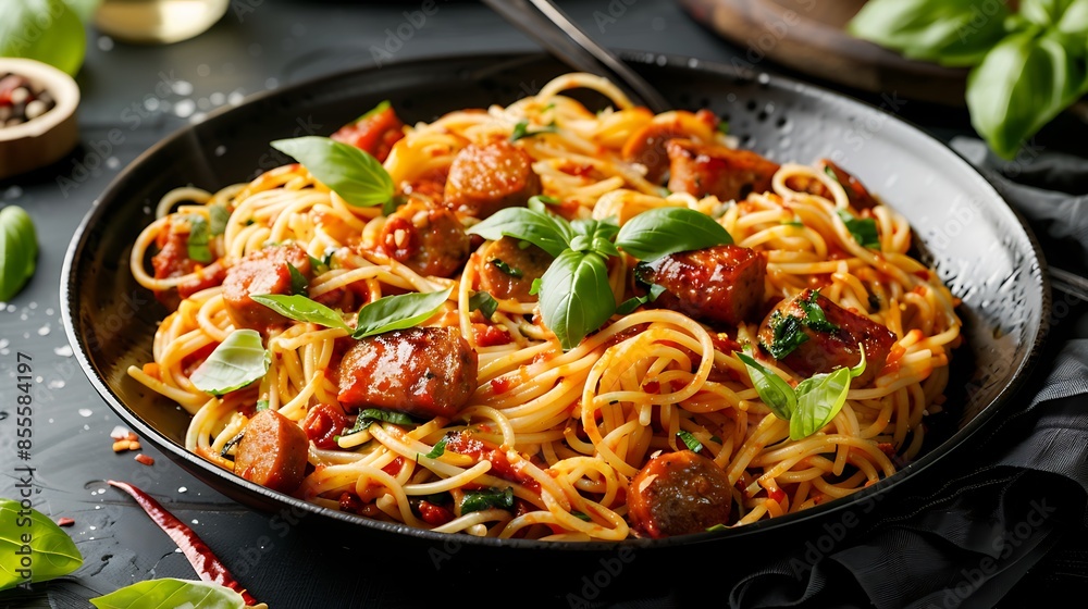 Stir fried Spaghetti with spicy sausage pasta with chilli garlic and basil leaves in black plate Stir fried Spaghetti with spicy sausage pasta with chilli garlic and basil leaves in black plate